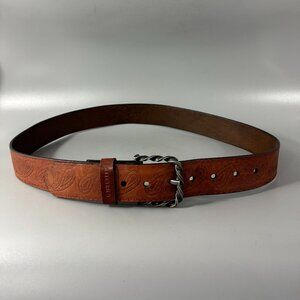 Exquisite Electric Visual Cowboy Brown Leather Gunmetal Twisted Buckle Belt, 36